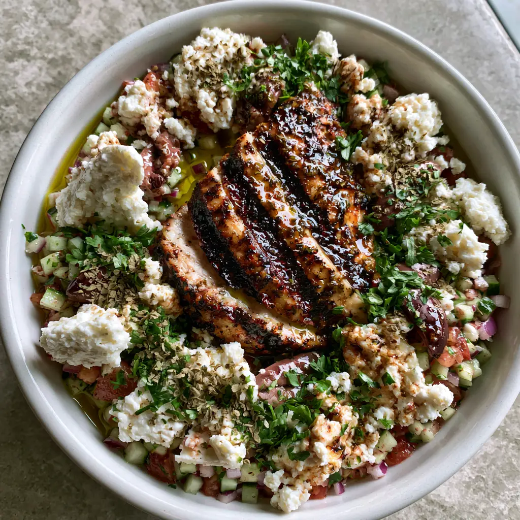 Mediterranean Grilled Chicken Salad Recipe with Lemon Herb Glaze 2 Juicy grilled chicken slices with dark diagonal char marks on a bed of diced Mediterranean vegetables. (Mediterranean Grilled Chicken Salad Recipe)