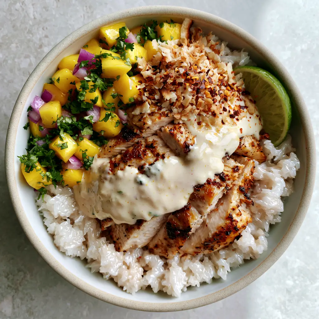 Coconut Chicken Rice Bowl with Tropical Mango Salsa and Creamy Coconut Sauce 2 Overhead view of a coconut chicken rice bowl with succulent chicken breast slices and glistening white coconut rice.
