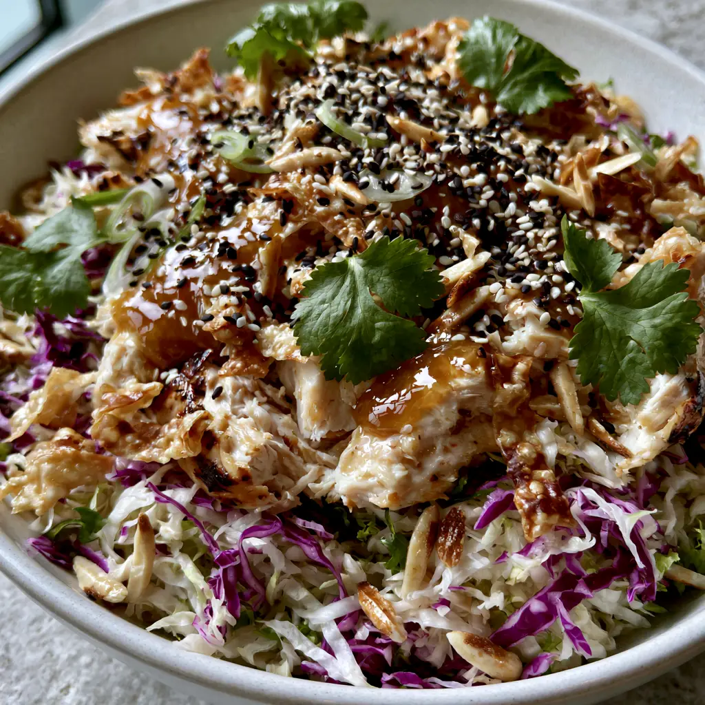 Chinois Chicken Salad: The Ultimate Gourmet Recipe for a Crunchy Asian-Style Feast 1 A wide shot of the Chinois Chicken Salad with plenty of golden fried wonton strips and toasted almonds.