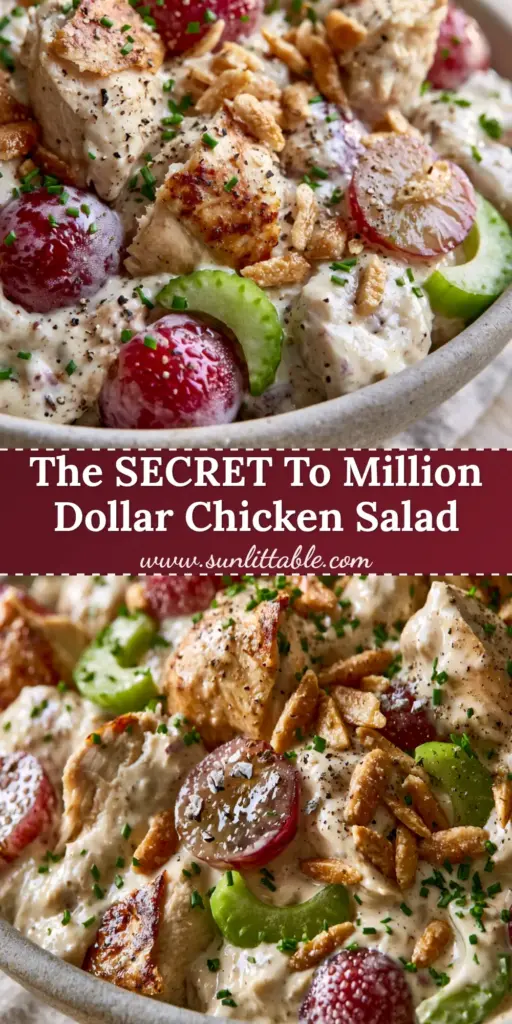 Million Dollar Chicken Salad: The Ultimate Gourmet Hand-Torn Recipe 4 A close-up vertical shot of Million Dollar Chicken Salad in a ceramic bowl featuring hand-torn chicken, grapes, and toasted almonds.