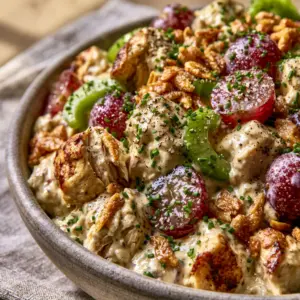 Extreme close-up of Million Dollar Chicken Salad showing golden-brown seared chicken edges and glossy dressing.