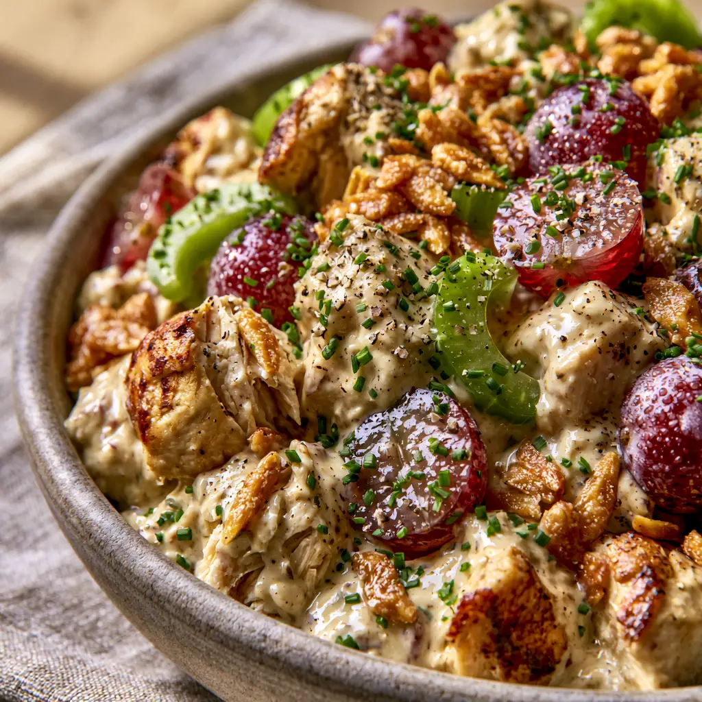 Million Dollar Chicken Salad: The Ultimate Gourmet Hand-Torn Recipe 2 Extreme close-up of Million Dollar Chicken Salad showing golden-brown seared chicken edges and glossy dressing.