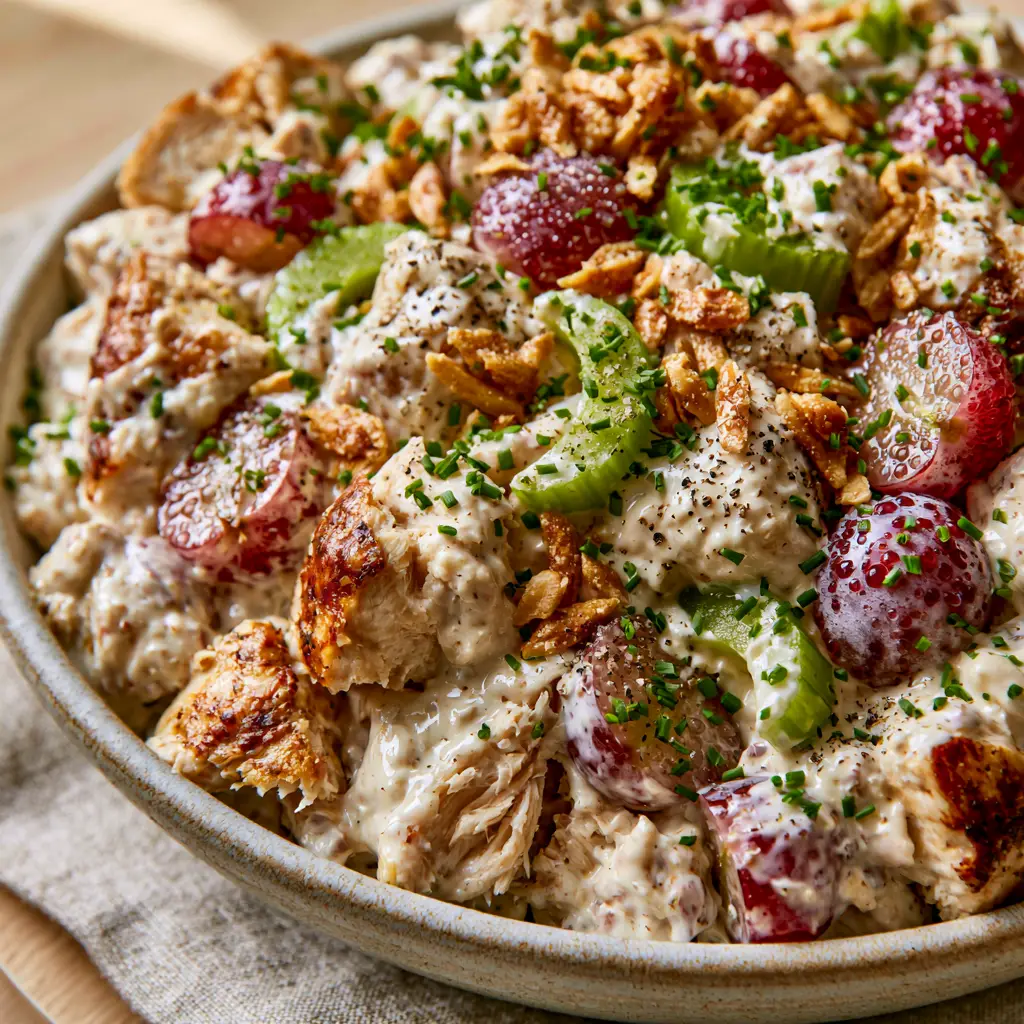 Million Dollar Chicken Salad: The Ultimate Gourmet Hand-Torn Recipe 1 A 45-degree angle shot of Million Dollar Chicken Salad sprinkled with fresh chives and cracked black pepper.