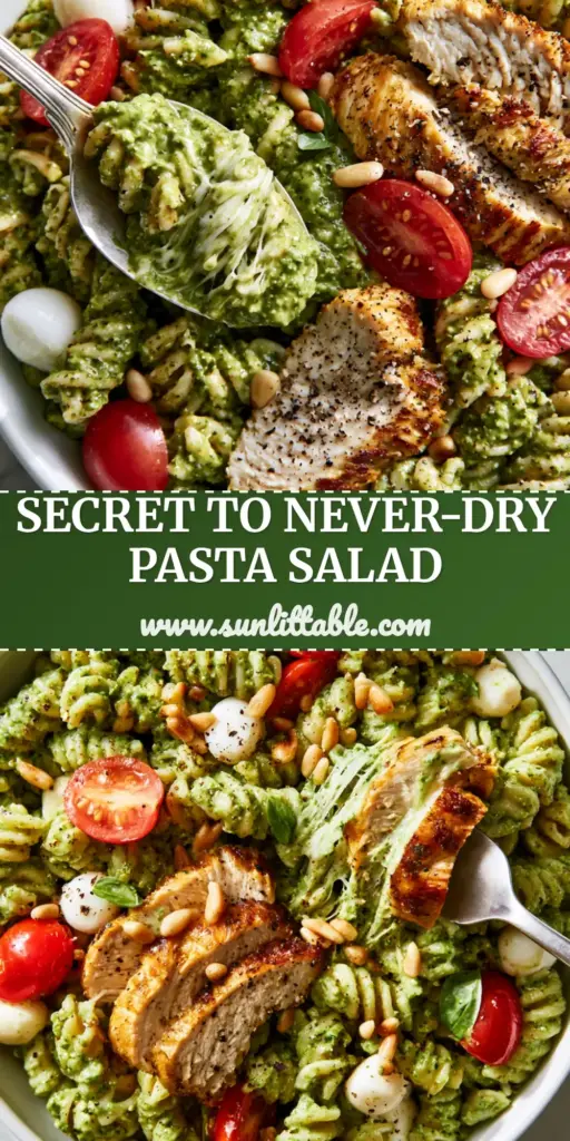 Chicken Pesto Pasta Salad with Seared Golden Chicken and Mozzarella Pearls 4 A vibrant Chicken Pesto Pasta Salad with emerald sauce, golden chicken slices, and mozzarella pearls in a white bowl.