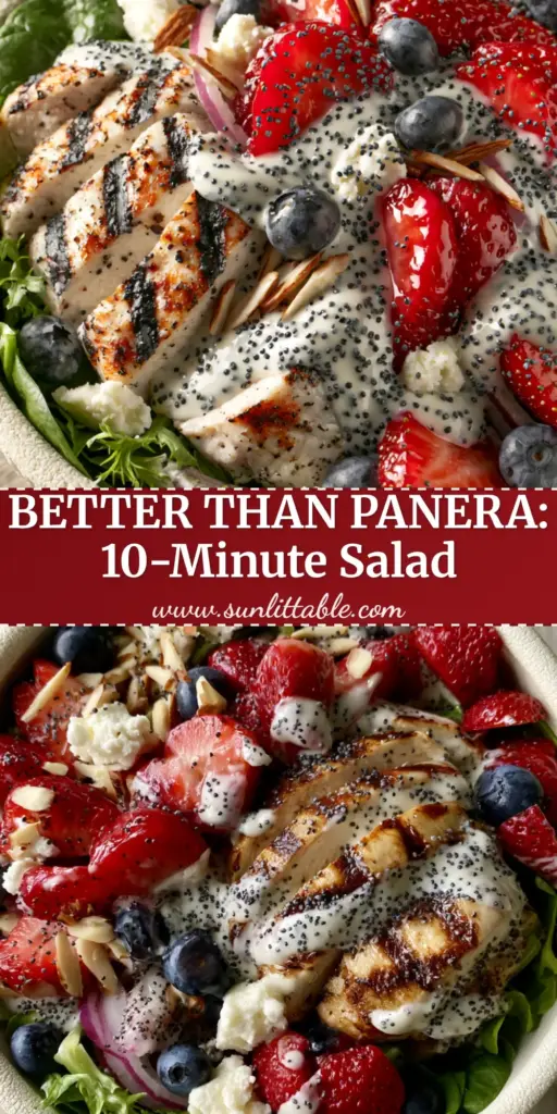 Strawberry Poppy Seed Chicken Salad: The Ultimate Summer Power Bowl 4 A close-up shot of a strawberry poppy seed chicken salad with grilled chicken slices, strawberries, and blueberries in a cream bowl.