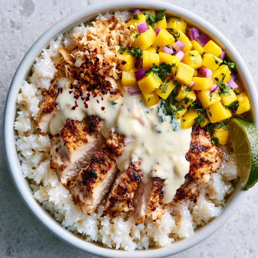 Coconut Chicken Rice Bowl with Tropical Mango Salsa and Creamy Coconut Sauce 1 A premium ceramic bowl showing the mango salsa and toasted coconut flakes on a coconut chicken rice bowl.