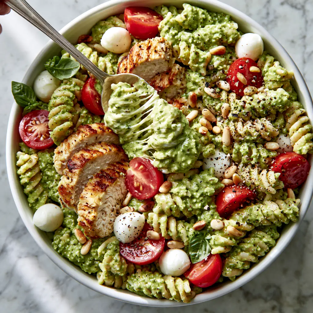Chicken Pesto Pasta Salad with Seared Golden Chicken and Mozzarella Pearls 2 Close-up of Chicken Pesto Pasta Salad showing glossy fusilli, seared chicken, and halved tomatoes. (Chicken Pesto Pasta Salad)