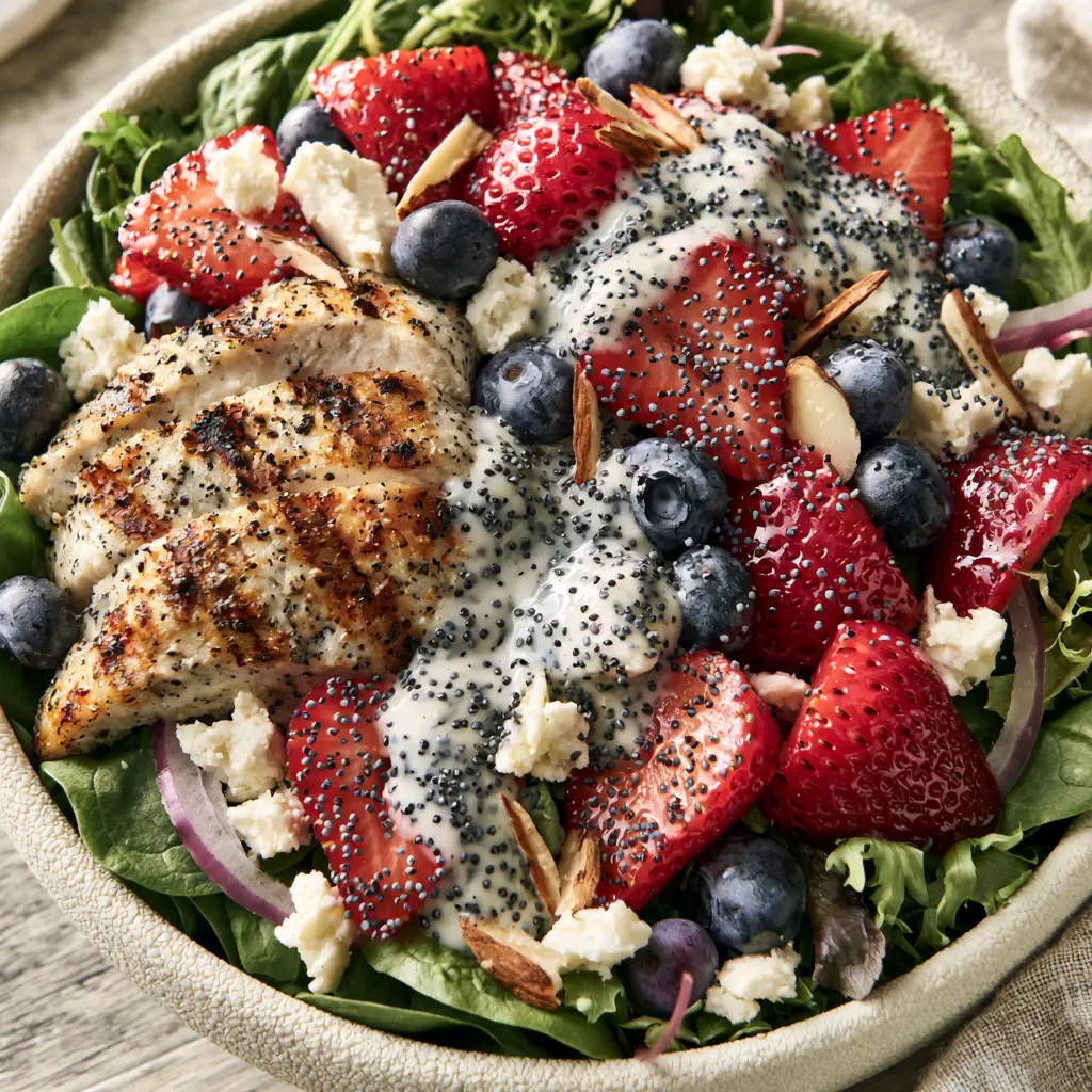 Strawberry Poppy Seed Chicken Salad: The Ultimate Summer Power Bowl 2 A macro top-down view of strawberry poppy seed chicken salad showing golden chicken sear marks and glossy dressing. (strawberry poppy seed chicken salad)