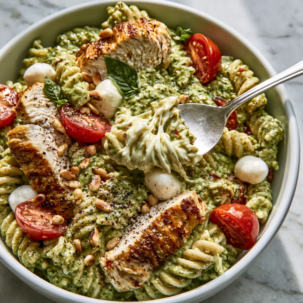Chicken Pesto Pasta Salad with Seared Golden Chicken and Mozzarella Pearls 1 A silver spoon lifting a portion of Chicken Pesto Pasta Salad with stringy creaminess and mozzarella.