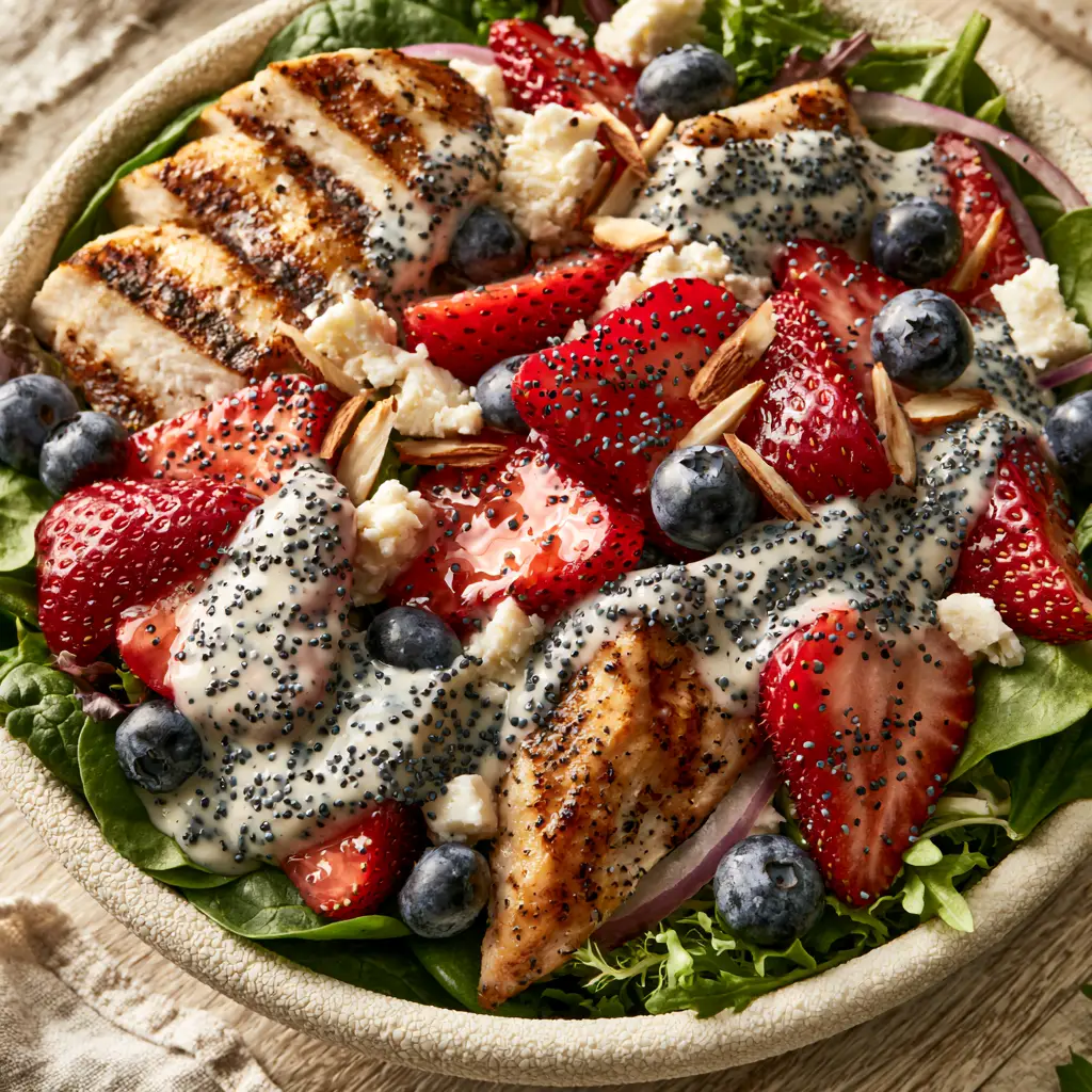 Strawberry Poppy Seed Chicken Salad: The Ultimate Summer Power Bowl 1 A textured ceramic bowl filled with strawberry poppy seed chicken salad highlighting the feta cheese and almond slivers. (strawberry poppy seed chicken salad)