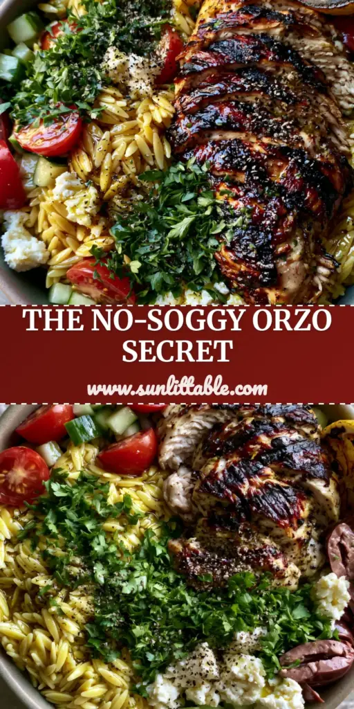 Grilled Chicken Orzo Salad: The Ultimate Mediterranean Summer Bowl 4 A top-down lifestyle photo of Grilled Chicken Orzo Salad in a matte ceramic bowl with charred lemon and fresh parsley garnish.