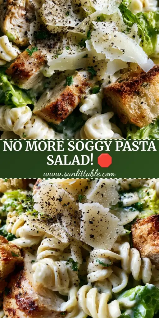 Chicken Caesar Pasta Salad with Seared Chicken and Herb Sourdough Croutons 4 A high-angle photo of a vibrant chicken caesar pasta salad with seared chicken and sourdough croutons in a cream bowl.