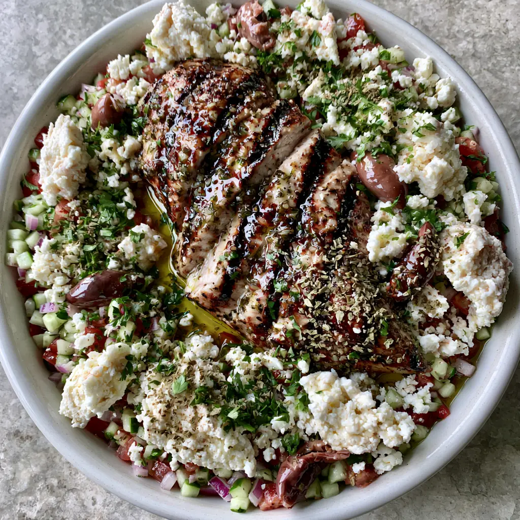 Mediterranean Grilled Chicken Salad Recipe with Lemon Herb Glaze 1 Diced Persian cucumbers and vine-ripened tomatoes topped with rustic feta crumbles and oily olives. (Mediterranean Grilled Chicken Salad Recipe)