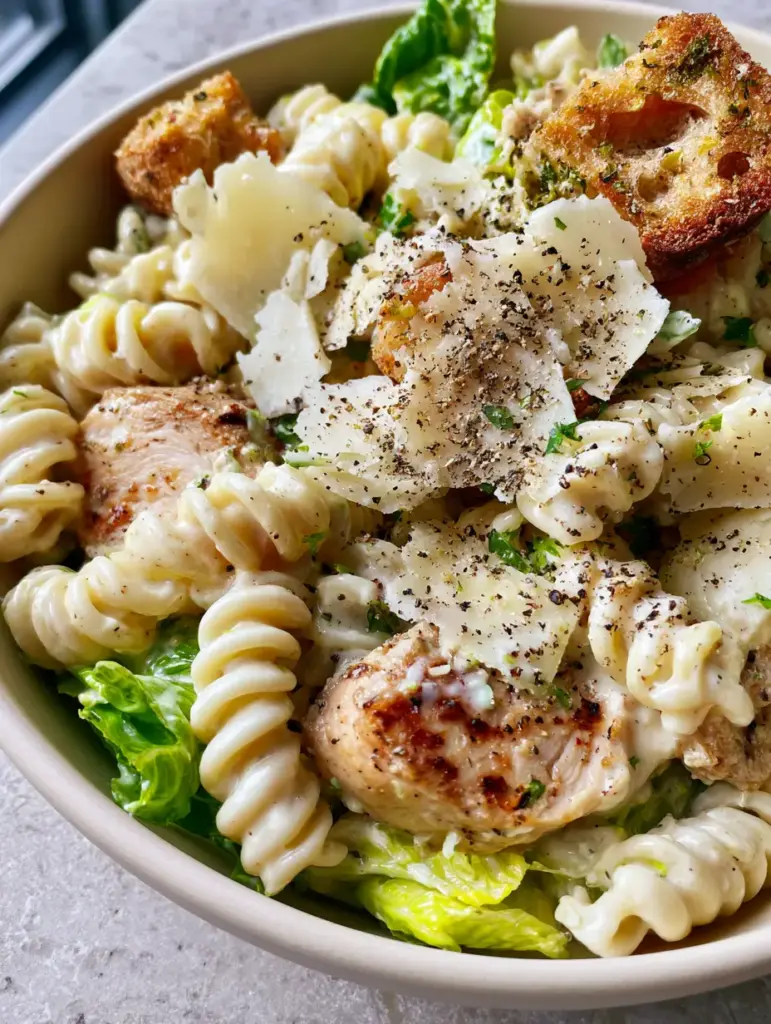 Chicken Caesar Pasta Salad with Seared Chicken and Herb Sourdough Croutons 2 Close-up of rotini pasta coated in thick creamy dressing for a chicken caesar pasta salad.