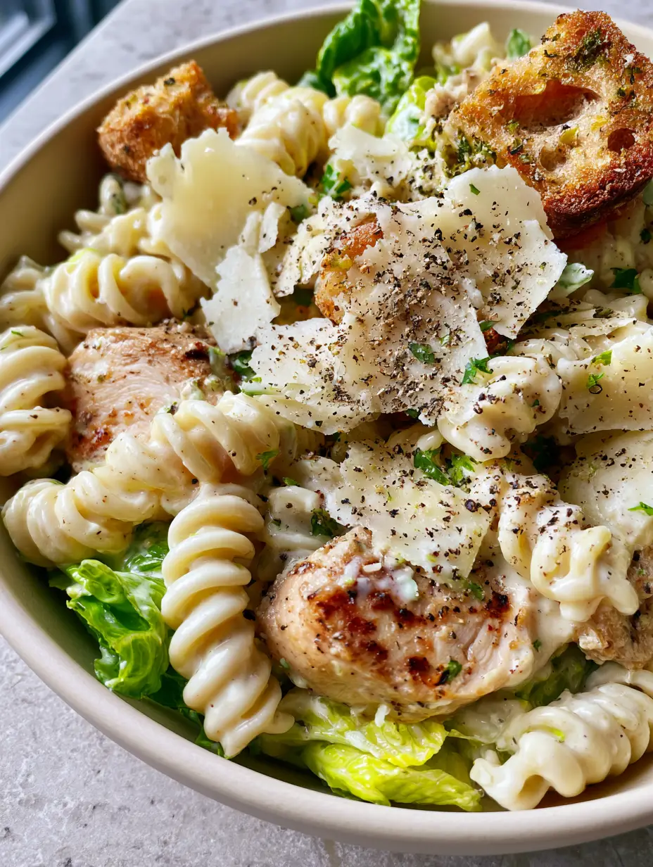Chicken Caesar Pasta Salad with Seared Chicken and Herb Sourdough Croutons 3 Close-up of rotini pasta coated in thick creamy dressing for a chicken caesar pasta salad.