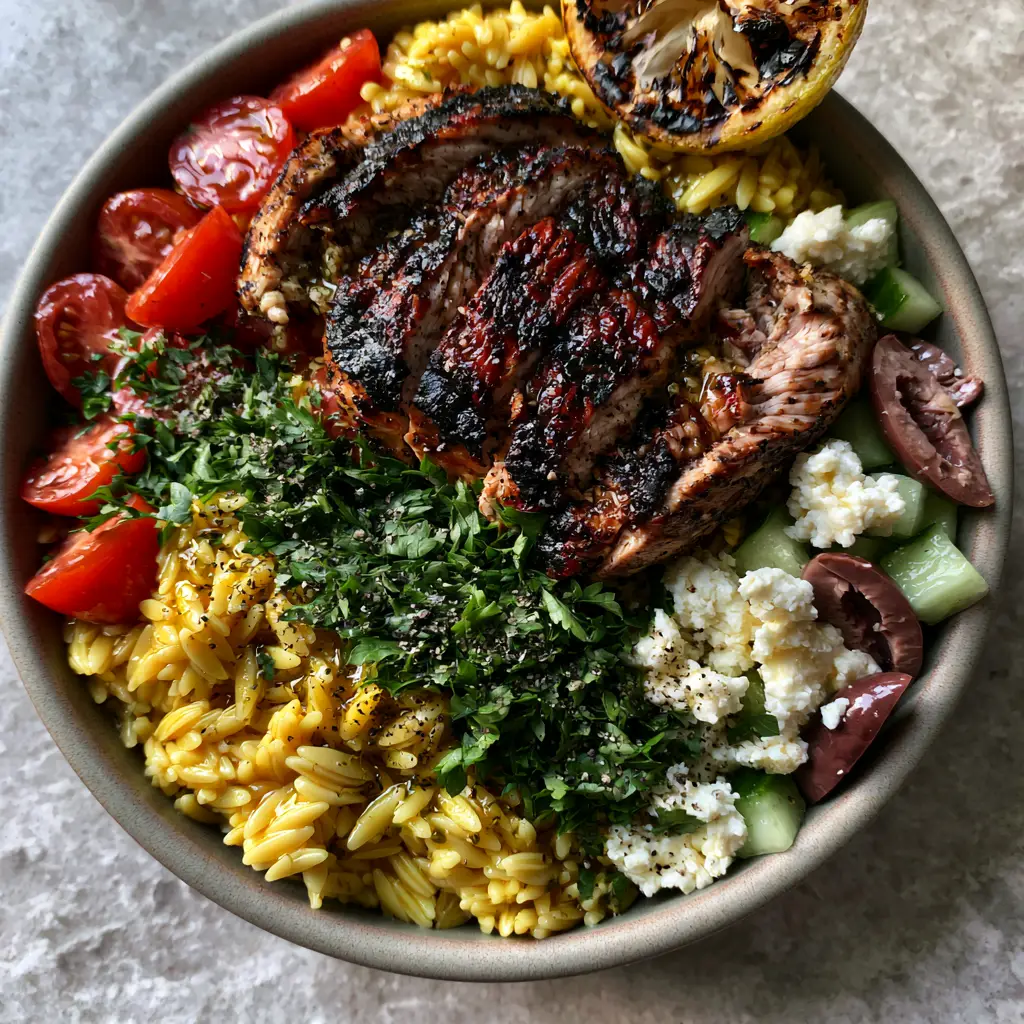 Grilled Chicken Orzo Salad: The Ultimate Mediterranean Summer Bowl 2 Smartphone photo of vibrant Mediterranean Grilled Chicken Orzo Salad showing dark sear marks on chicken and golden pasta.