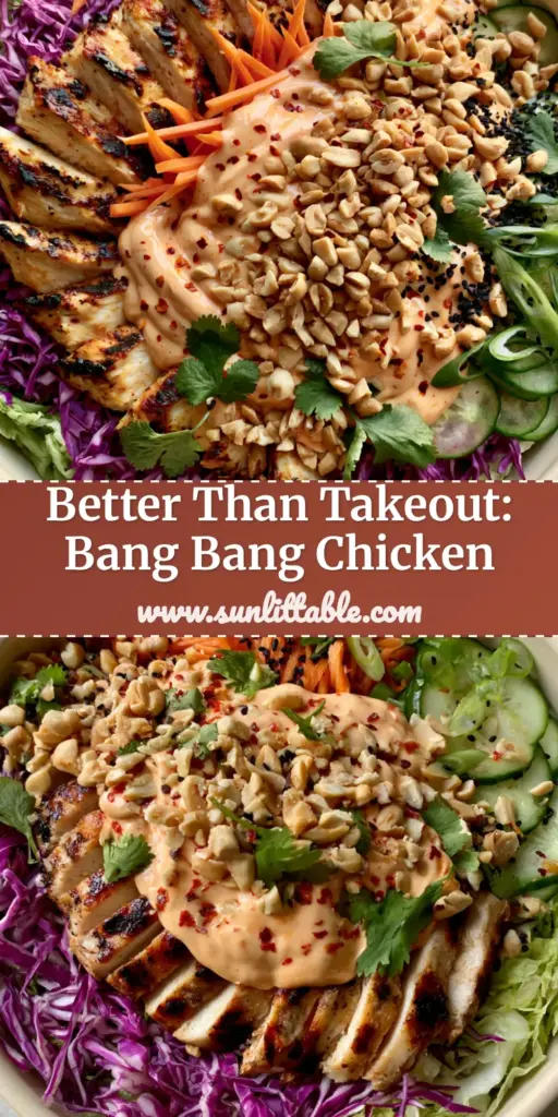 Bang Bang Chicken Salad with Creamy Spicy Mayo and Crunchy Slaw 4 A high-angle view of Bang Bang chicken salad in a cream ceramic bowl with charred chicken, purple cabbage, and orange spicy mayo drizzle.
