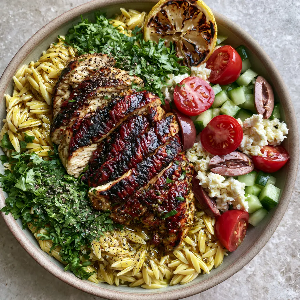 Grilled Chicken Orzo Salad: The Ultimate Mediterranean Summer Bowl 1 Close-up of charred chicken breast slices on top of a colorful orzo salad with feta, olives, and cucumbers.