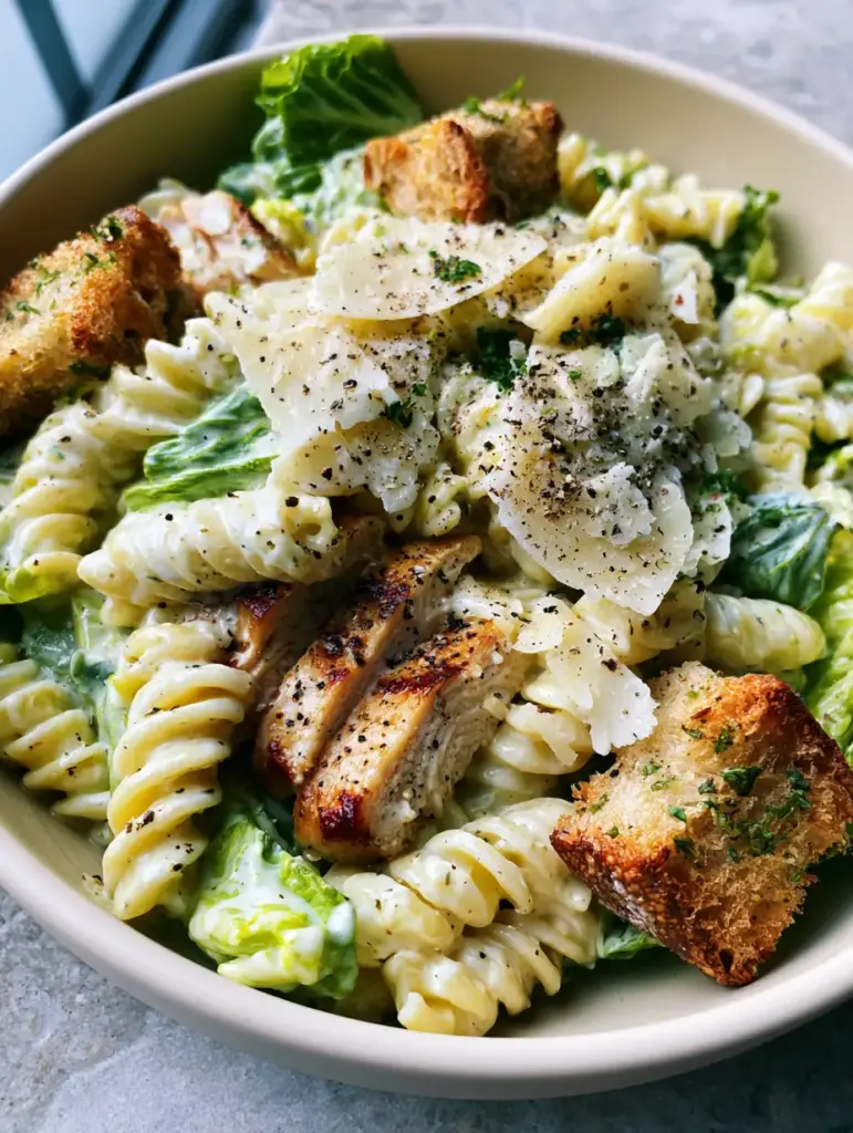 Chicken Caesar Pasta Salad with Seared Chicken and Herb Sourdough Croutons 1 Seared chicken breast slices with grill marks on top of a chicken caesar pasta salad.