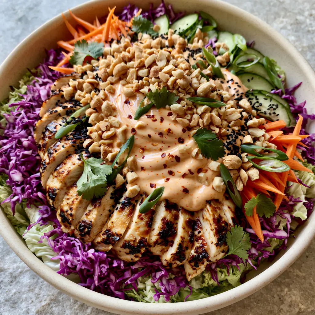 Bang Bang Chicken Salad with Creamy Spicy Mayo and Crunchy Slaw 2 Smartphone photo of Bang Bang chicken salad showing shredded purple cabbage and julienned carrots. (Bang Bang chicken salad)
