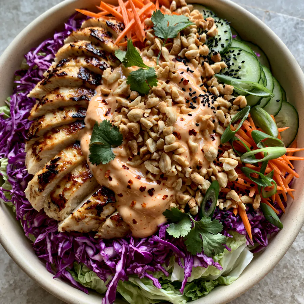 Bang Bang Chicken Salad with Creamy Spicy Mayo and Crunchy Slaw 1 Close-up of pan-seared chicken with golden charred edges on a bed of greens. (Bang Bang chicken salad)