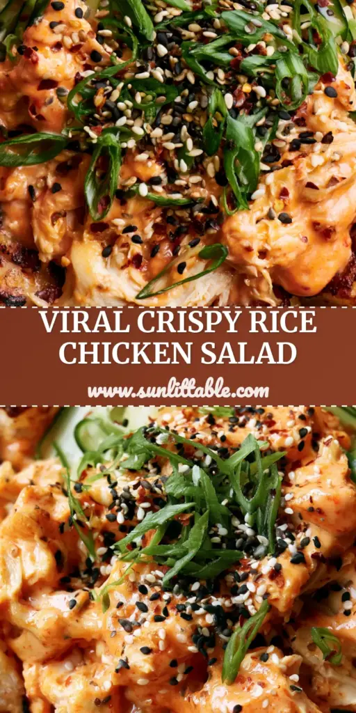 Bang Bang Chicken Crispy Rice Salad with Sriracha Mayo 4 A ceramic bowl filled with golden charred sushi rice squares, shredded chicken in orange bang bang sauce, and cucumber ribbons. (bang bang chicken crispy rice salad)