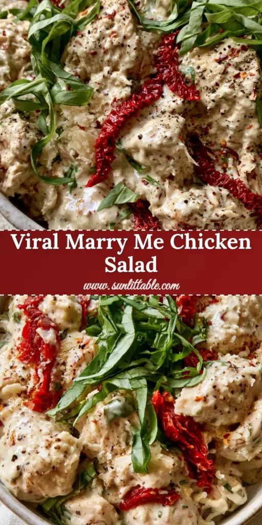 Marry Me Chicken Salad with Creamy Parmesan and Sun-Dried Tomatoes 3 A top-down view of chunky marry me chicken salad in a white bowl with sun-dried tomatoes and basil. (marry me chicken salad)