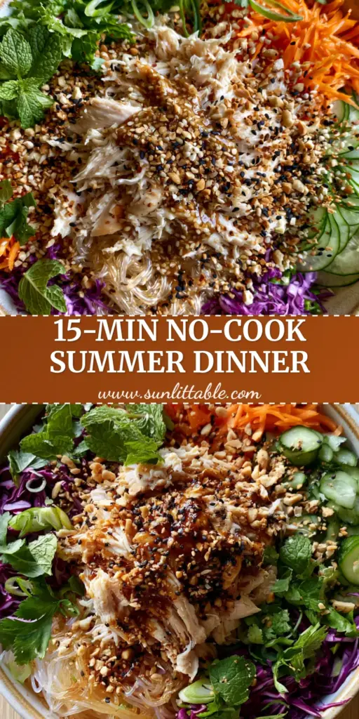 Cold Rice Noodle Salad with Chicken: The Ultimate Vibrant Summer Bowl 4 An overhead view of a vibrant Cold Rice Noodle Salad with Chicken featuring shredded cabbage, julienned carrots, and peanuts in a ceramic bowl.