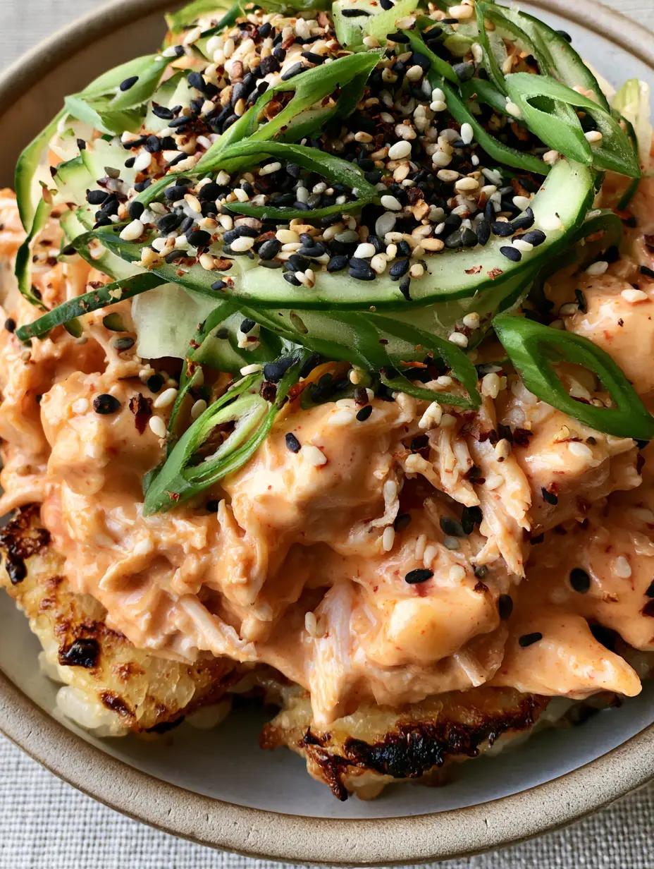 Bang Bang Chicken Crispy Rice Salad with Sriracha Mayo 3 Macro top-down shot showing the texture of crispy rice and glossy sriracha mayo chicken. (bang bang chicken crispy rice salad)