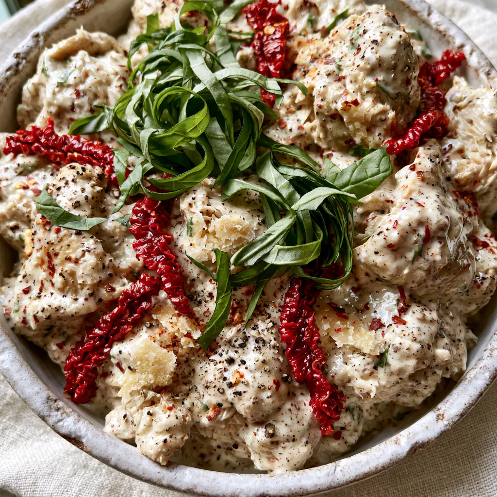 Marry Me Chicken Salad with Creamy Parmesan and Sun-Dried Tomatoes 2 Close-up of hand-shredded rotisserie chicken in a glossy parmesan dressing with red sun-dried tomatoes. (marry me chicken salad)