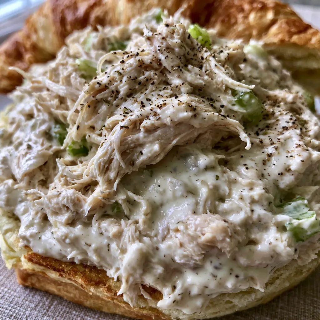 Classic Carol Chicken Salad: The Ultimate Southern Shredded Chicken Recipe 3 Close up of shredded chicken fibers saturated in thick white dressing with celery bits. (Classic Carol Chicken Salad)