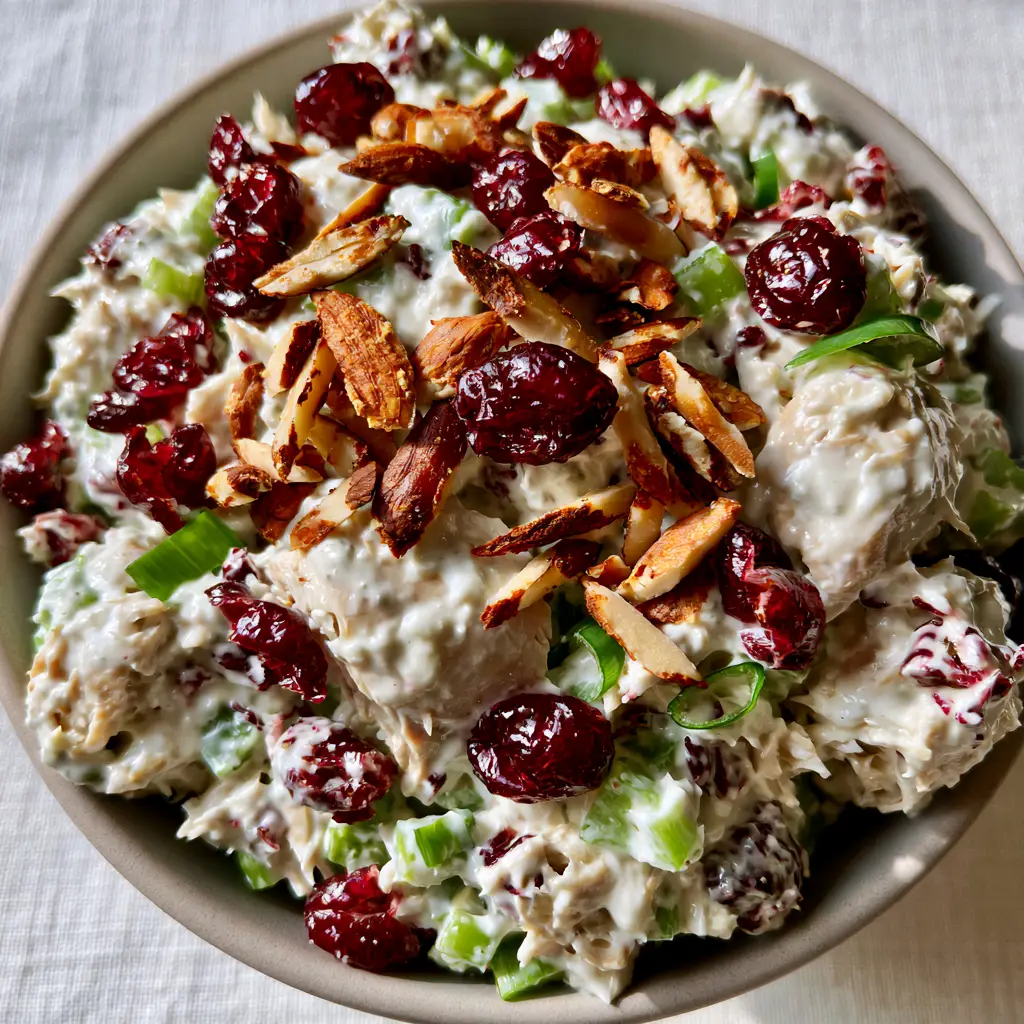 Cranberry Almond Chicken Salad with Creamy Greek Yogurt Dressing 1 Top-down view of chicken salad with toasted almonds and emerald green scallions. (cranberry almond chicken salad)