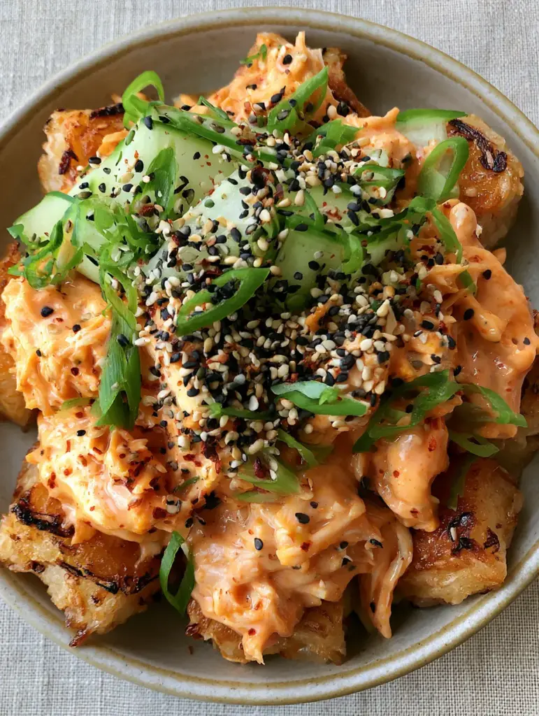 Bang Bang Chicken Crispy Rice Salad with Sriracha Mayo 1 A vibrant bowl of bang bang chicken crispy rice salad with green scallions and black sesame seeds.