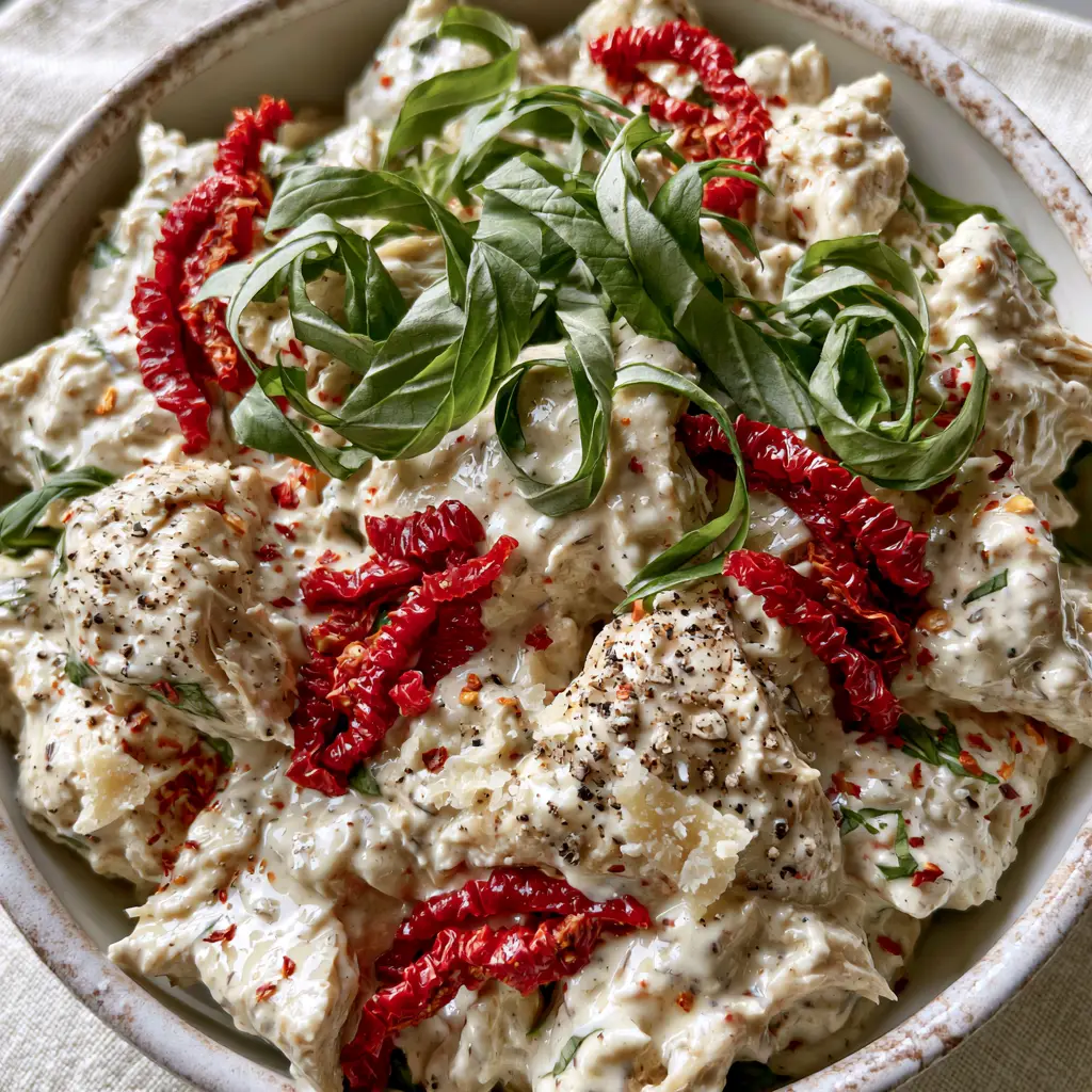 Marry Me Chicken Salad with Creamy Parmesan and Sun-Dried Tomatoes 1 A rustic white bowl filled with marry me chicken salad topped with fresh basil and aged parmesan flakes.