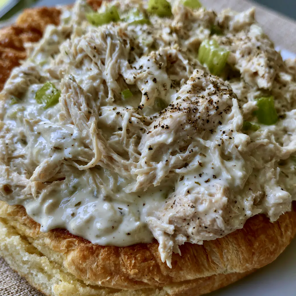 Classic Carol Chicken Salad: The Ultimate Southern Shredded Chicken Recipe 1 A toasted buttery croissant split open and filled with Southern chicken salad and bibb lettuce.