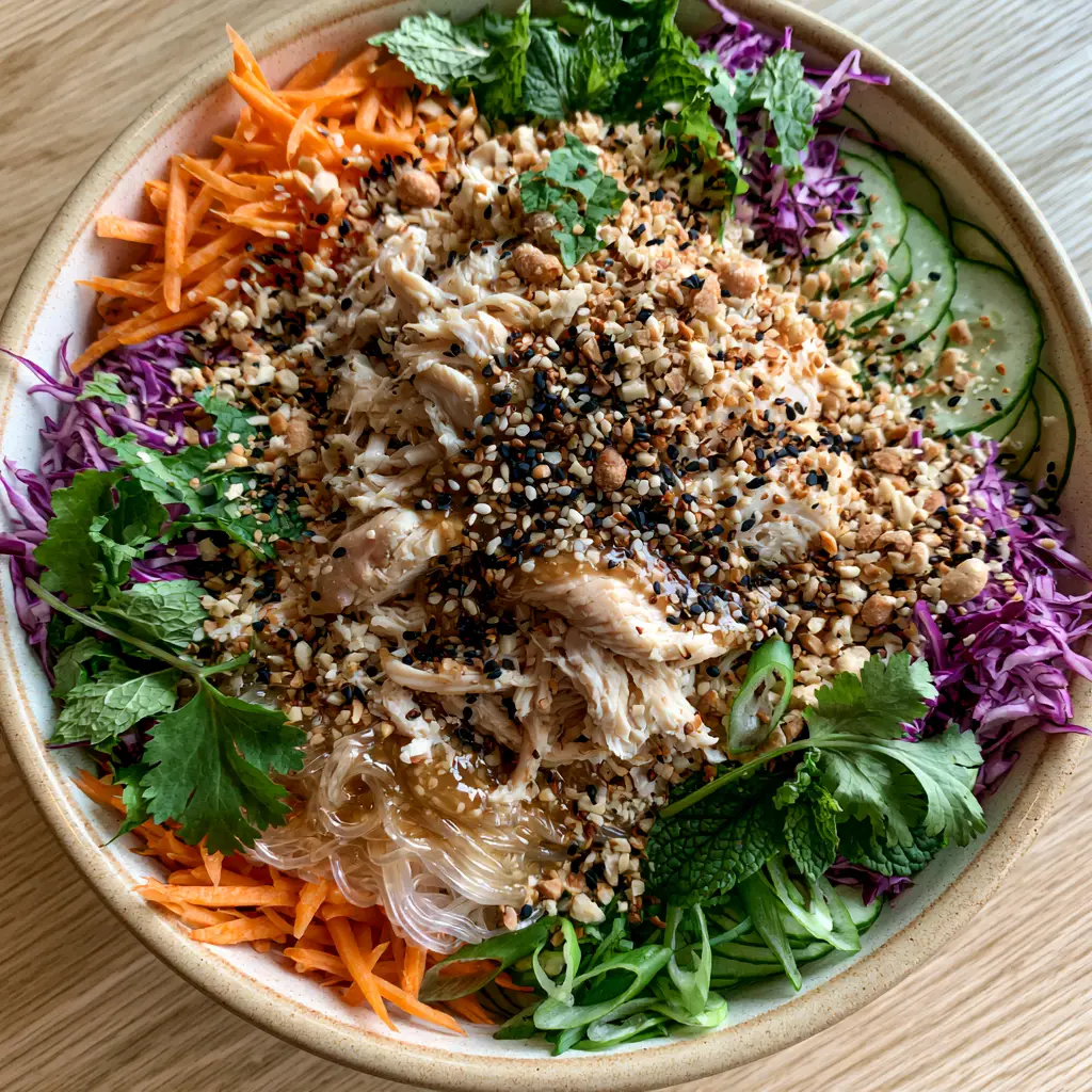 Cold Rice Noodle Salad with Chicken: The Ultimate Vibrant Summer Bowl 2 Close-up of translucent rice vermicelli and shredded chicken in a Cold Rice Noodle Salad with Chicken.