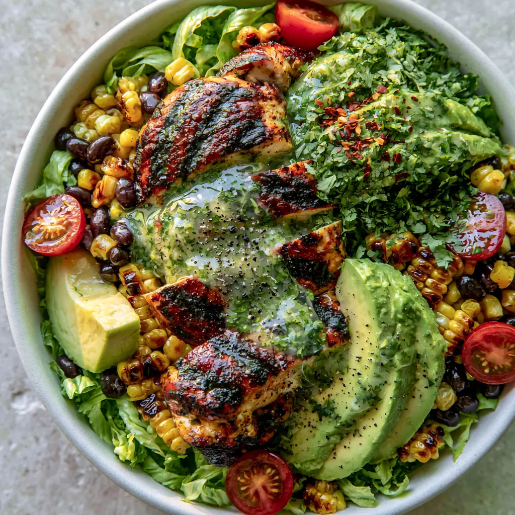 Honey Lime Chicken Avocado Salad with Charred Corn and Black Beans 2 Extreme macro of seared chicken breast with grill marks and glistening honey lime vinaigrette. (Honey Lime Chicken Avocado Salad)