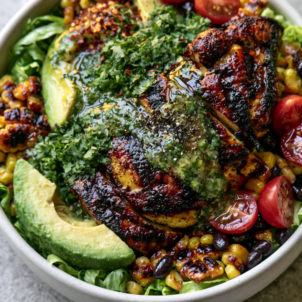 Honey Lime Chicken Avocado Salad with Charred Corn and Black Beans 1 Close up of buttery avocado wedges and charred corn in a Honey Lime Chicken Avocado Salad.
