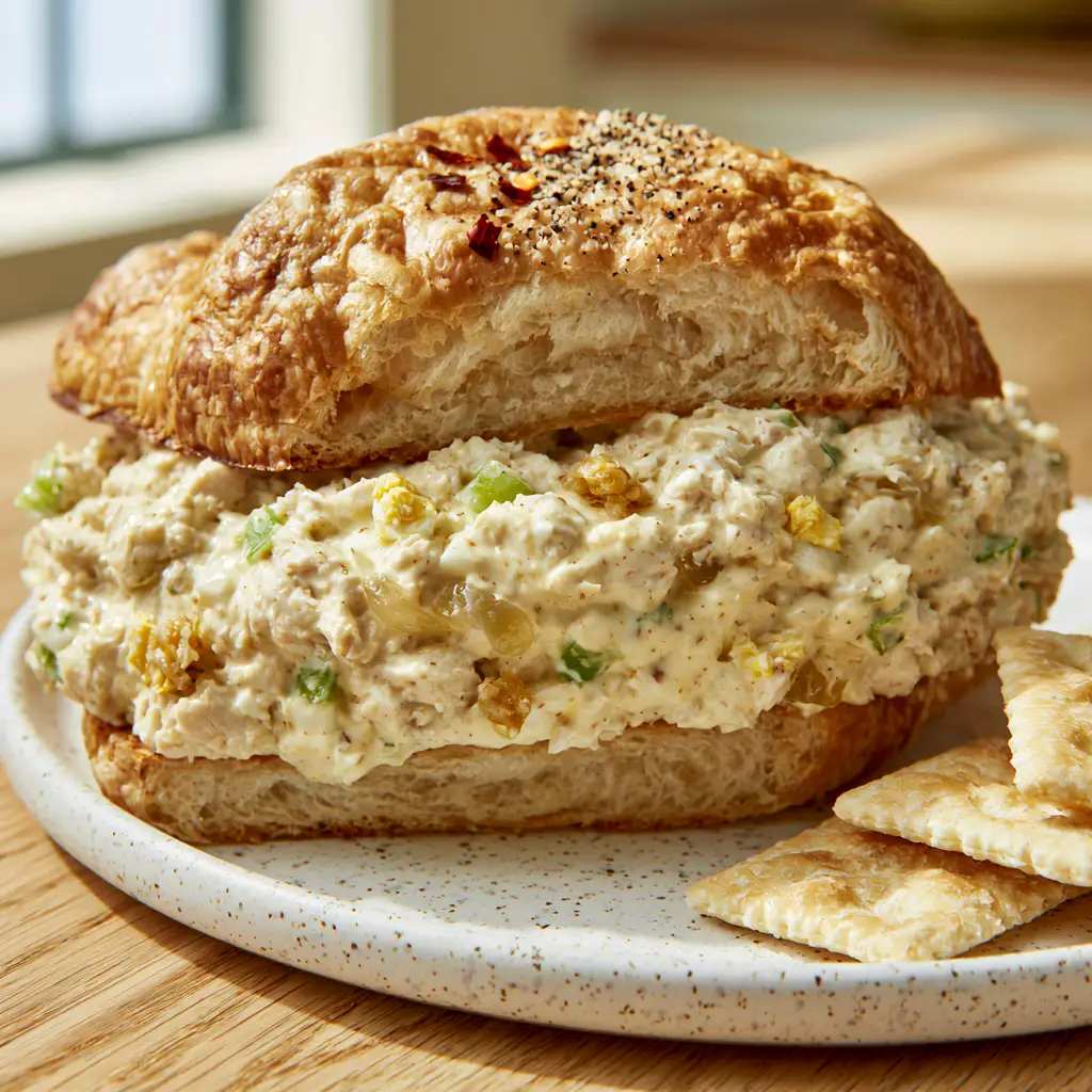 Chick-Fil-A Copycat Chicken Salad: The Ultimate Discontinued Classic Recipe 2 Overhead view of a pale-yellow Chick-Fil-A Copycat Chicken Salad showing finely minced texture and red pepper flakes.