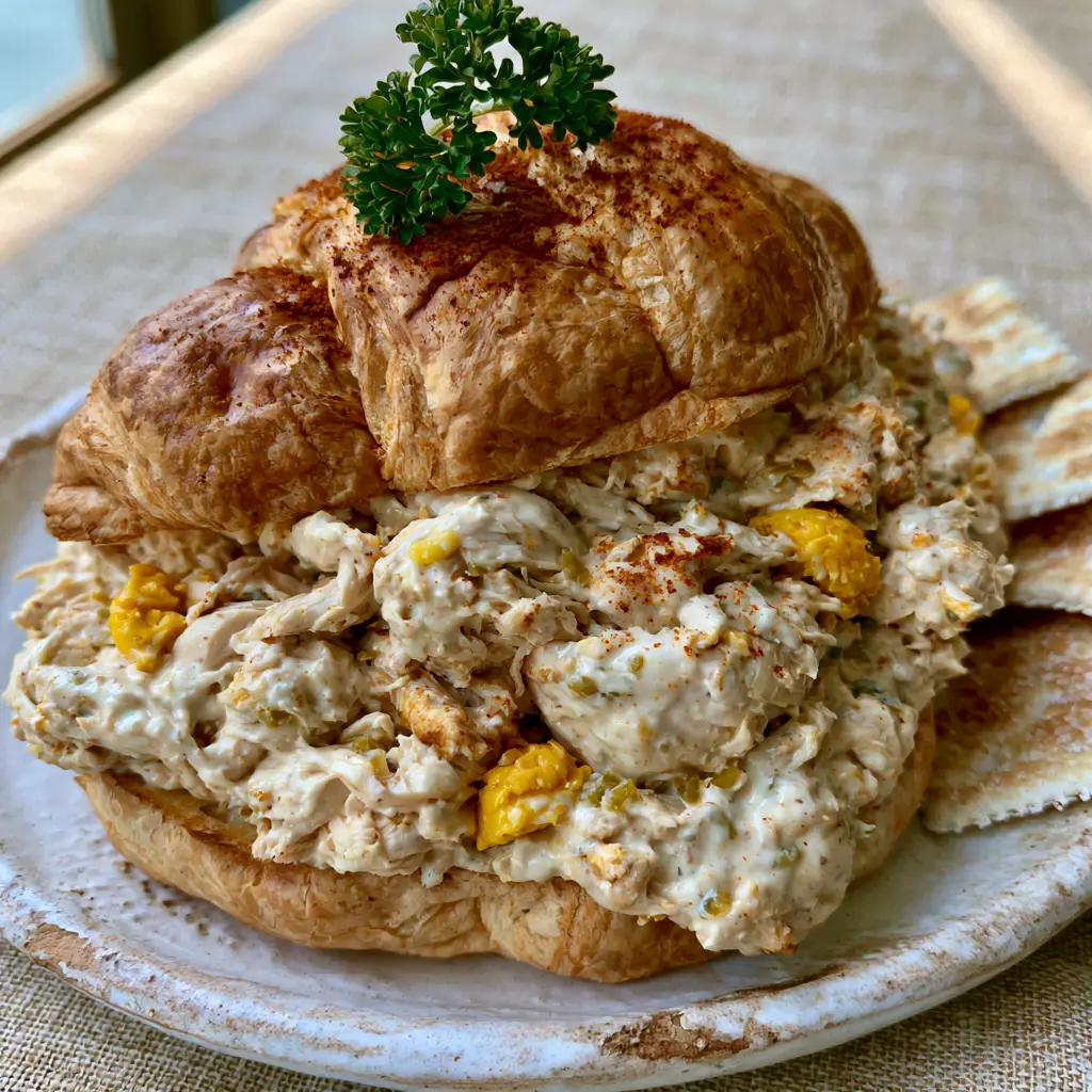 Chicken Salad Chick Olivia's Old South Copycat Recipe 2 Detailed view of the finely shredded chicken texture and creamy dressing in a Chicken Salad Chick Olivia's Old South copycat sandwich.