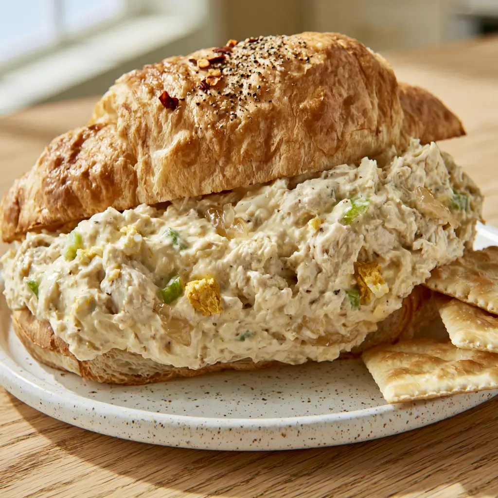 Chick-Fil-A Copycat Chicken Salad: The Ultimate Discontinued Classic Recipe 1 Chick-Fil-A style chicken salad sandwich sliced diagonally on a speckled white plate with crisp crackers.