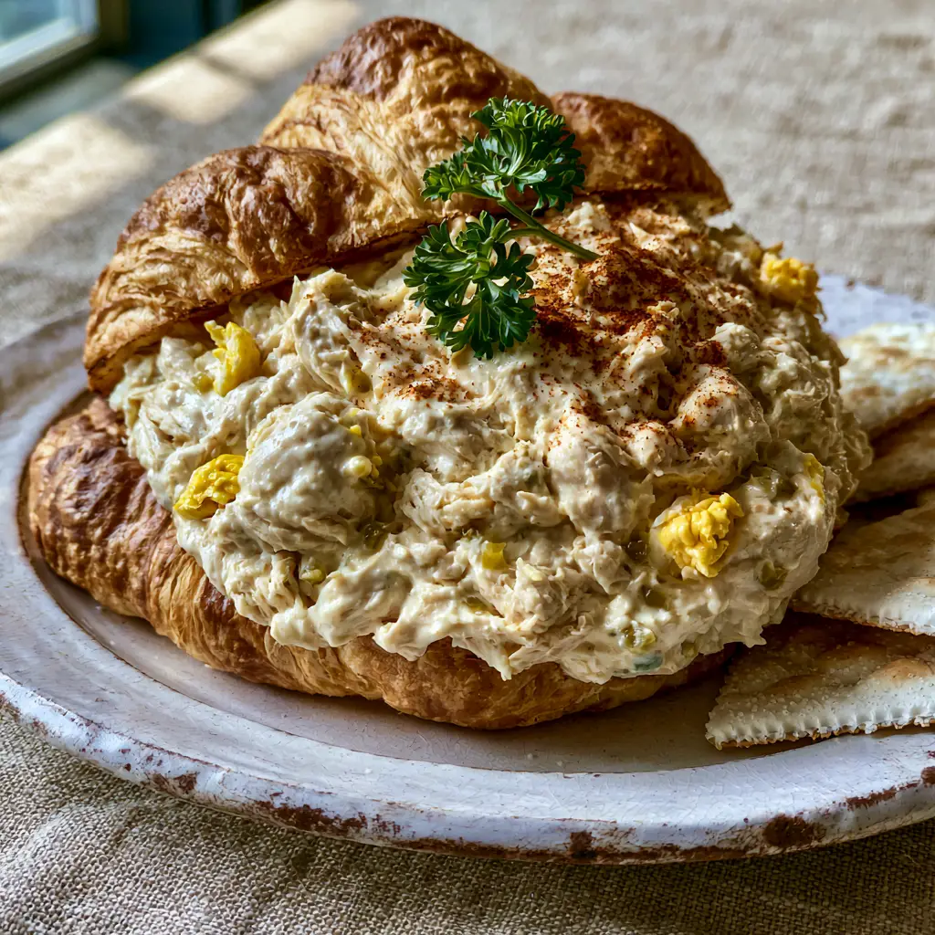 Chicken Salad Chick Olivia's Old South Copycat Recipe 1 A rustic white plate with a chicken salad croissant, saltines, and warm side-lighting emphasizing the soft moist sheen of the salad.