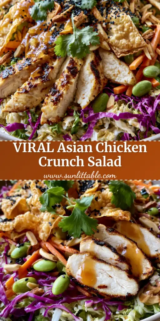 Asian Chicken Crunch Salad with Glossy Sesame Ginger Dressing 4 A high-angle shot of a vibrant Asian Chicken Crunch Salad in a ceramic bowl, featuring seared chicken, purple cabbage, and crispy wontons.