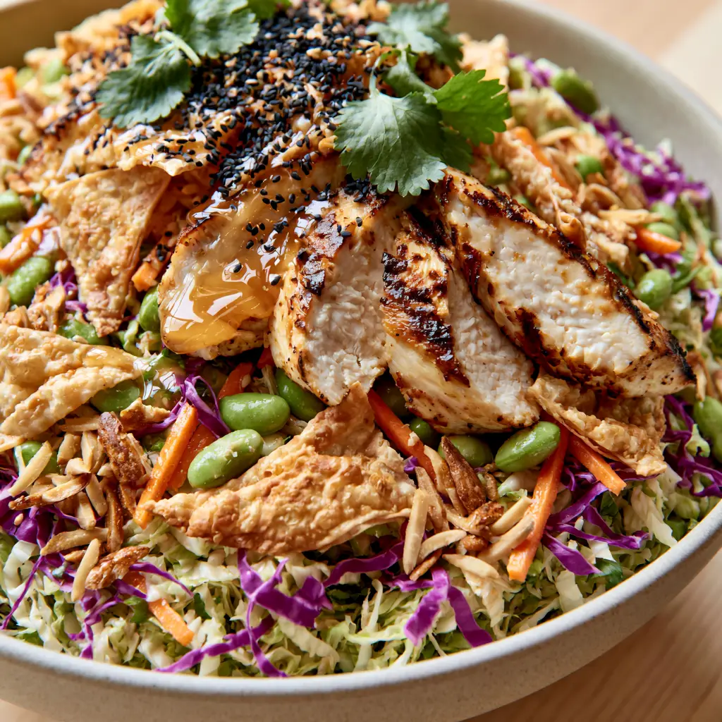 Asian Chicken Crunch Salad with Glossy Sesame Ginger Dressing 2 Close-up of seared chicken breast with golden grill marks on top of a bed of crunchy Asian Chicken Crunch Salad.