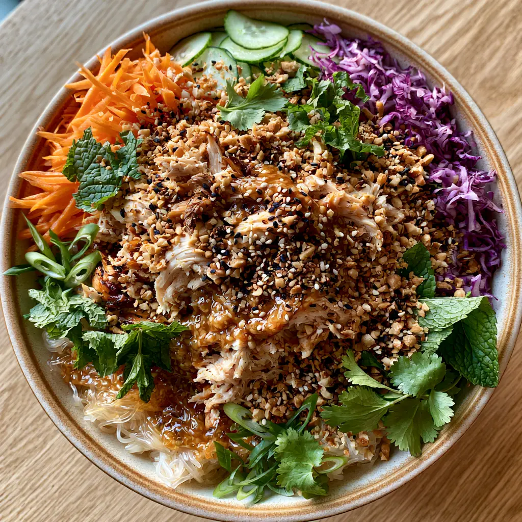 Cold Rice Noodle Salad with Chicken: The Ultimate Vibrant Summer Bowl 1 Overhead smartphone photo of a vibrant, overflowing bowl of Cold Rice Noodle Salad with Chicken on a wooden table.