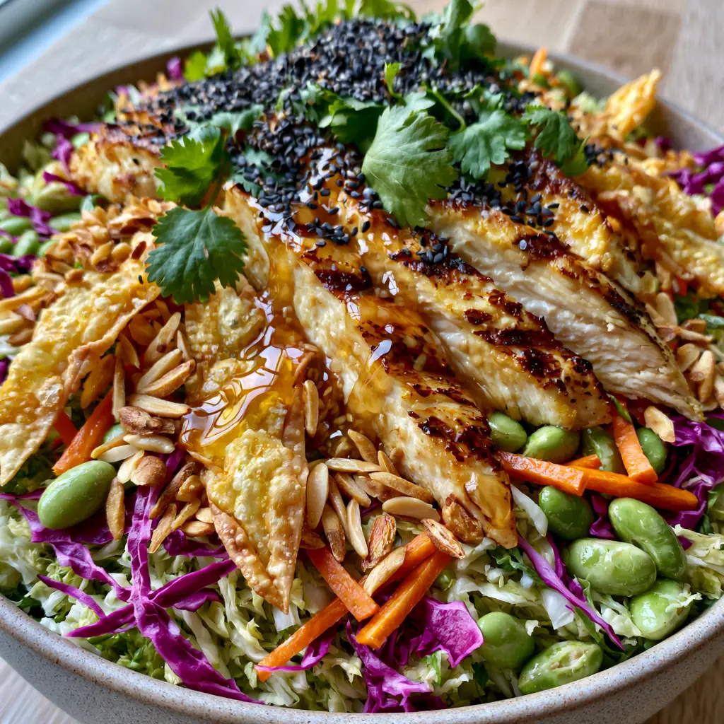 Asian Chicken Crunch Salad with Glossy Sesame Ginger Dressing 1 Overhead view of Asian Chicken Crunch Salad showing the glossy amber dressing and bright purple cabbage ribbons.