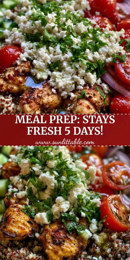 Chicken and Quinoa Salad with Lemon-Herb Seared Chicken 4 A top-down view of a Mediterranean Chicken and Quinoa Salad in a modern bowl, featuring seared chicken, feta, and tri-color quinoa.