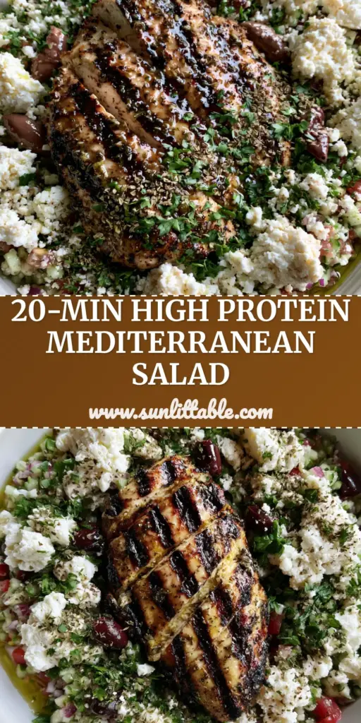 Mediterranean Grilled Chicken Salad Recipe with Lemon Herb Glaze 3 Overhead view of a Mediterranean Grilled Chicken Salad Recipe with charred chicken slices, feta, and Kalamata olives in a white ceramic bowl. (Mediterranean Grilled Chicken Salad Recipe)