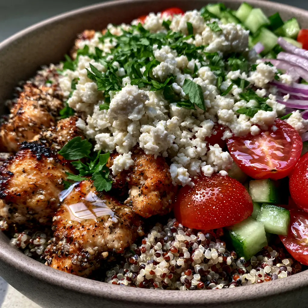Chicken and Quinoa Salad with Lemon-Herb Seared Chicken 2 Macro shot of seared lemon-herb chicken breast with golden char marks on a bed of tri-color quinoa.