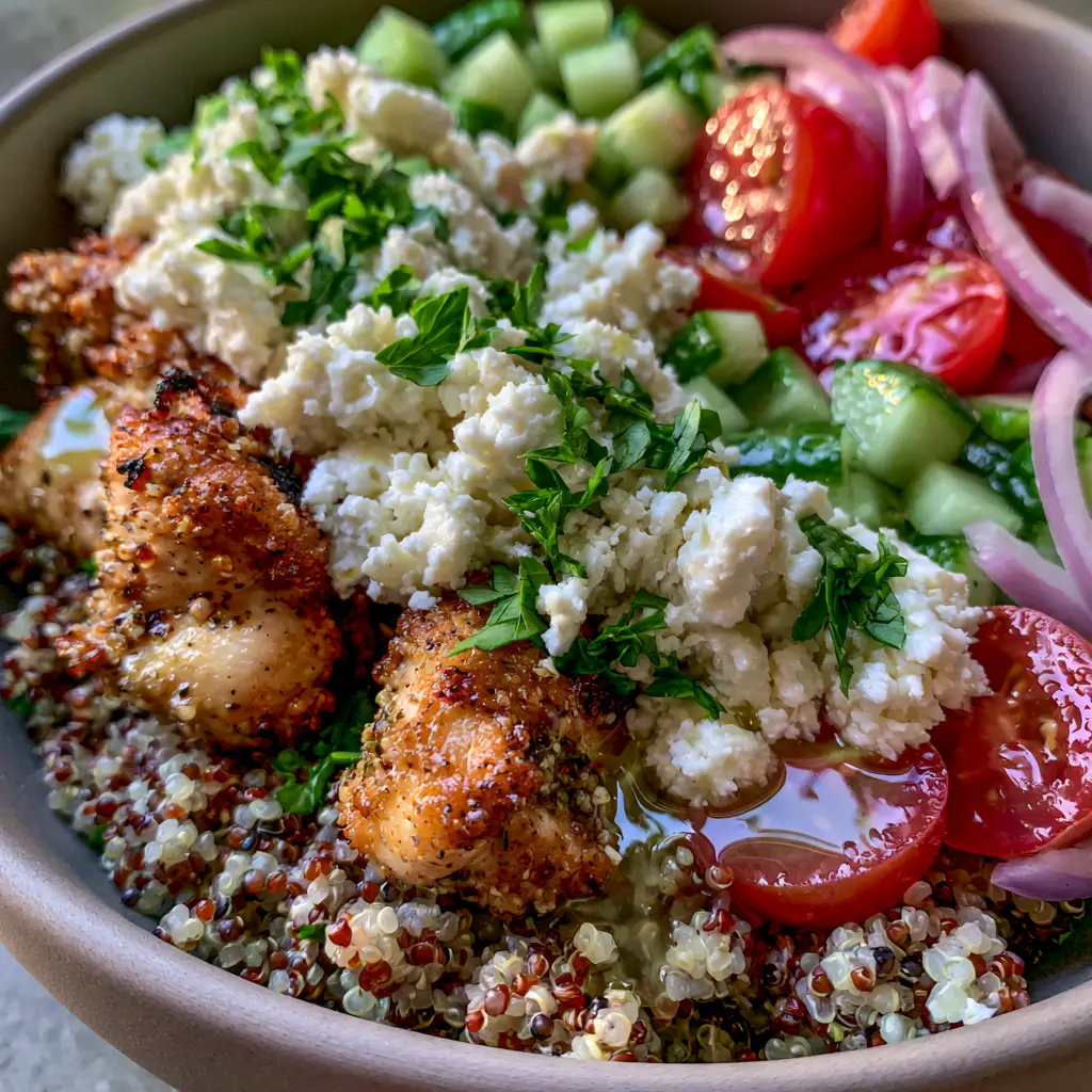 Chicken and Quinoa Salad with Lemon-Herb Seared Chicken 1 Close-up of fresh cherry tomatoes, diced cucumbers, and crumbled feta cheese in a Chicken and Quinoa Salad.